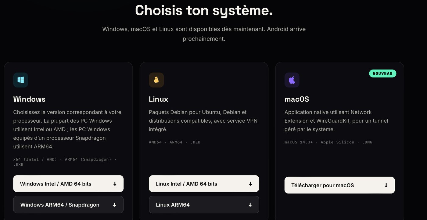 Section « Choisis ton système » du site avec les colonnes Windows, Linux et macOS, et les deux boutons de téléchargement Windows.
