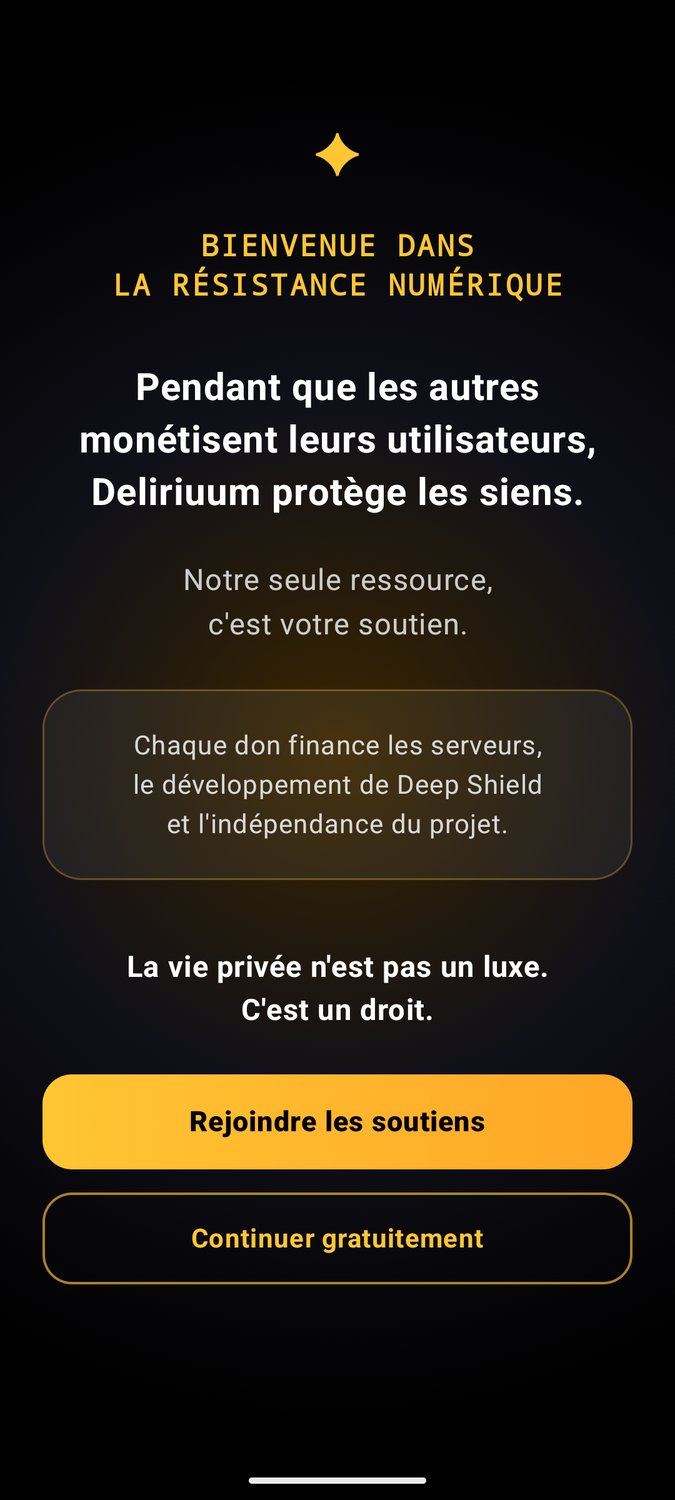 Écran de soutien de Deliriuum avec les boutons Rejoindre les soutiens et Continuer gratuitement.