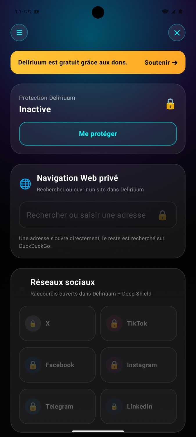 Écran principal de Deliriuum avec Protection Deliriuum : Inactive, le bouton Me protéger et les raccourcis réseaux sociaux verrouillés.