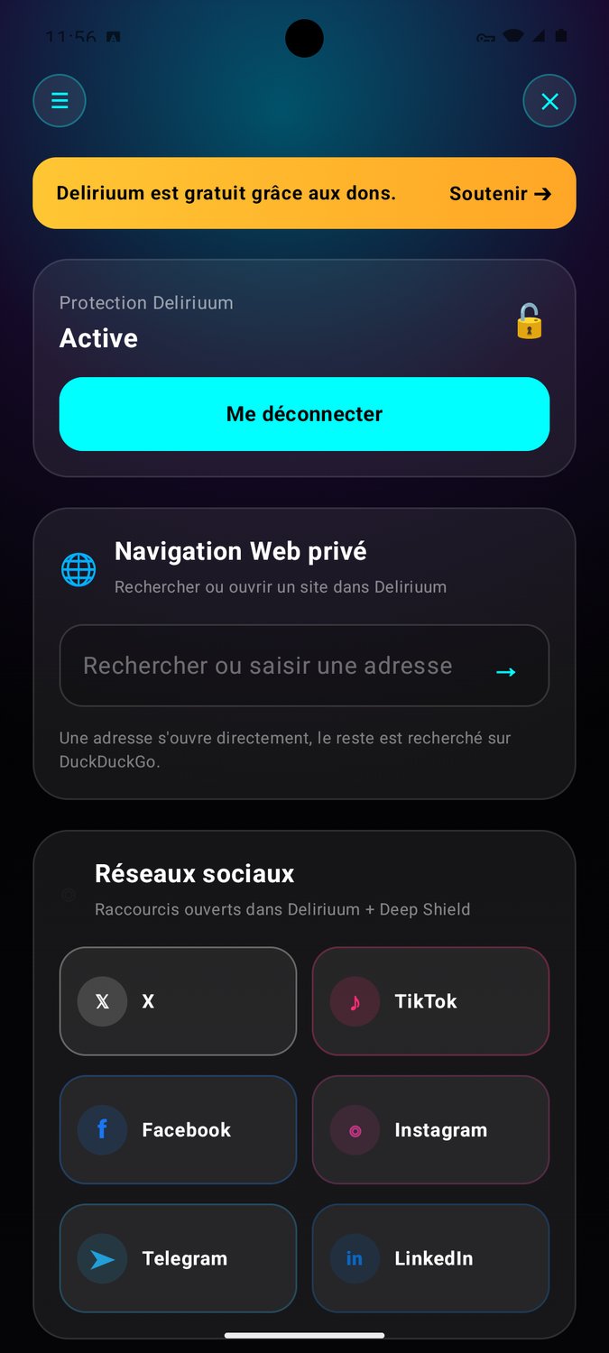 Écran principal de Deliriuum avec Protection Deliriuum : Active, bouton Me déconnecter et raccourcis réseaux sociaux en couleur.