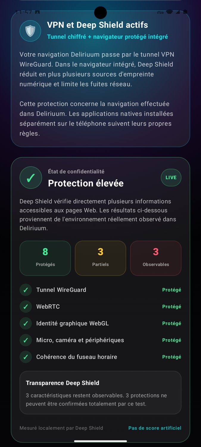 Écran de contrôle Deep Shield : VPN et Deep Shield actifs, état de confidentialité Protection élevée, avec le détail des caractéristiques protégées.