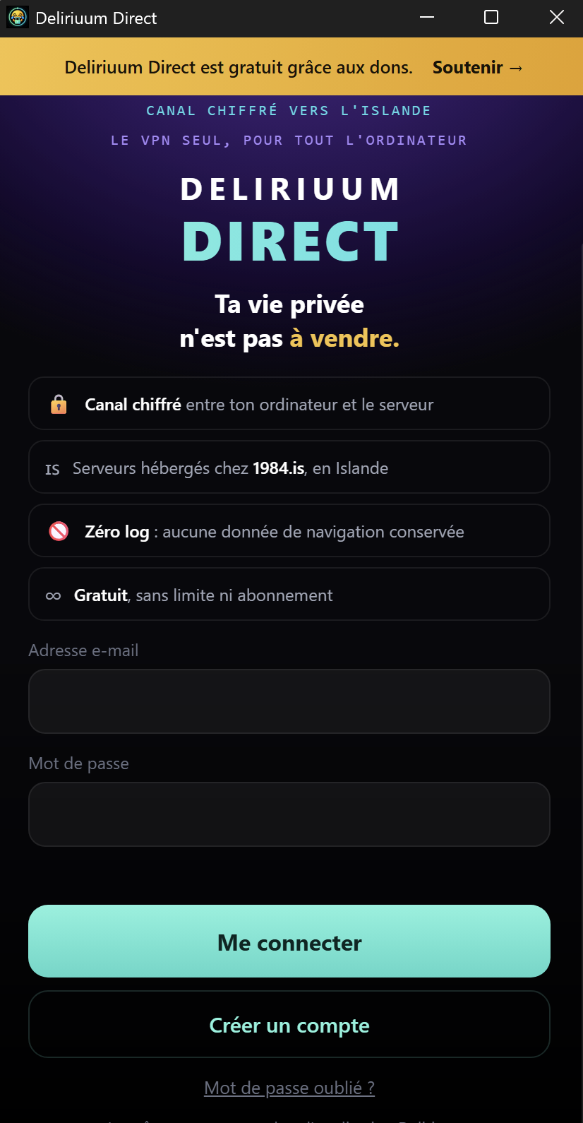 Écran de connexion de Deliriuum Direct