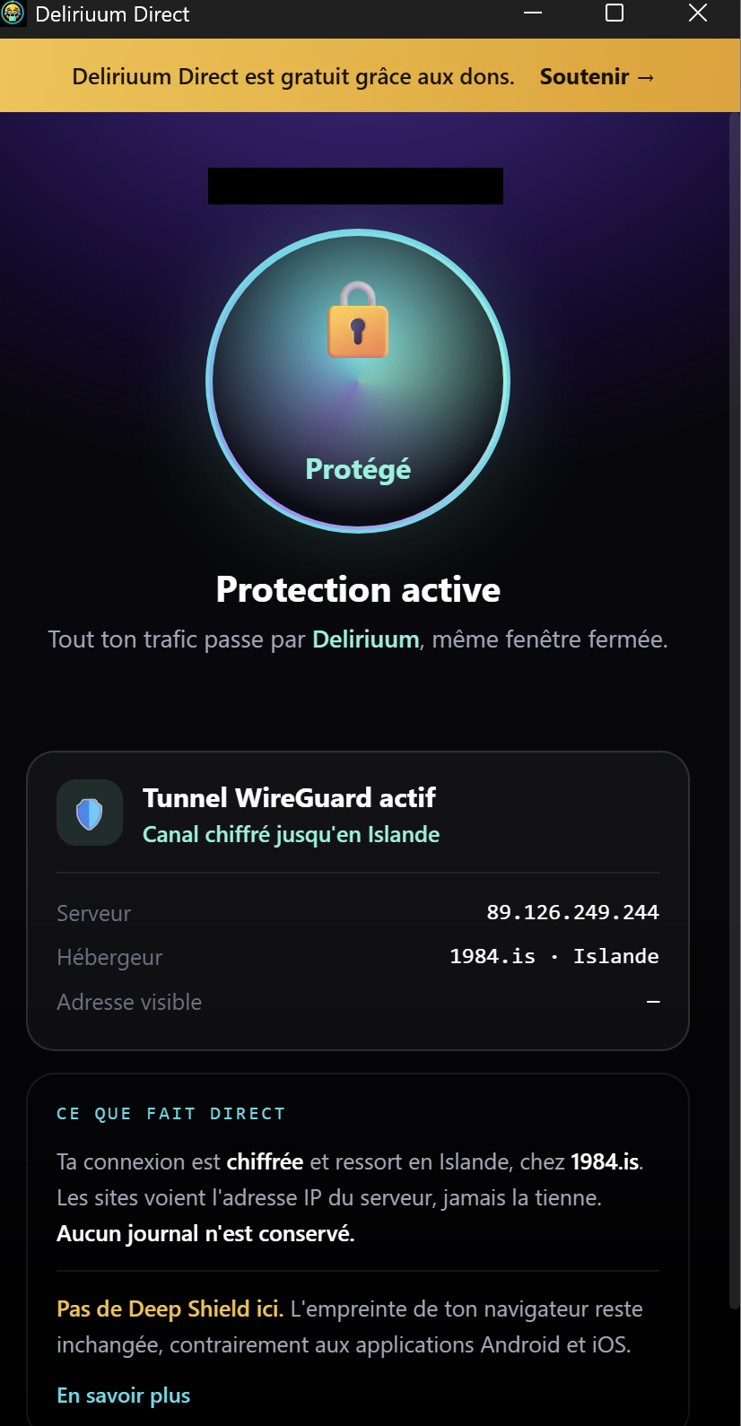 Deliriuum Direct avec le tunnel WireGuard actif
