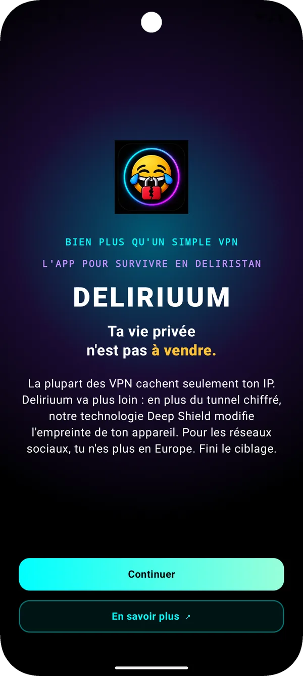 Écran d'accueil de l'application Deliriuum